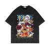 Playera Lavada Vieja de Manga Corta Americana Retro Oversize Animación One Piece Luffy Manga Corta T Básico Popular Algodón