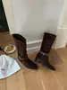 Nuevas Botas de Mujer Otoño/Invierno 2026 Punta Fina Tacón Grueso Moda Francesa Elegante Hebilla de Cinturón Botas de Media Pantorrilla