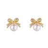 Pendientes de Botón con Forma de Corazón de Diamante Brillante, Lazo y Perla S925 Diseño de Nicho Pendientes de Lujo Ligero con un Toque de Alta Gama