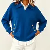 Novo Top de Tricô Casual Soltinho com Gola V e Gola Reversível para Outono/Inverno 2026 para Mulheres, Camisa Básica Elegante com Botões para o Trabalho