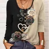 Outono e Inverno 2025 Europeu e Americano Transfronteiriço Amazon Wish Nova Exportação Camiseta Feminina de Manga Longa Estampada com Decote V Larga Solta para Mulheres
