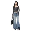 Retro Americano|Diseño de Pliegues Lavados|Jeans Sueltos de Pierna Ancha para Mujer en Azul Vintage, Longitud Extendida, Versátil