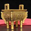 Incensário de Cobre Quadrado com Tripé Ornamentado, Tripé de Cobre para Reunir Riqueza, Prosperidade e Longevidade, Decoração para Sala de Estar e Escritório