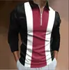 Nova camisa polo casual confortável de primavera e outono, com estampa 3D, manga longa, zíper, listrada, gola padre, camisa polo para atividades ao ar livre