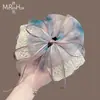 Pinza para el cabello de malla morada degradada con lazo, accesorio para coleta semi-recogida etéreo con un toque de alta gama