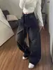 Jeans Feminino Estilo High Street Americano Garota Picante com Patchwork de Strass, Calça Fashion de Caimento Solto Estilo Preguiçoso Comprimento Total para Mulheres