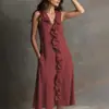 Em estoque Amazon transfronteiriço roupas femininas primavera-verão novo cor sólida sem mangas algodão-linho decote V bainha ampla babado vestido