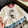Camiseta de manga larga a rayas de retazos de algodón puro para niños, nuevo estilo primavera y otoño, camiseta básica elegante y holgada para niños