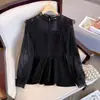 Talla Grande Encaje para Mujer Primavera y Otoño Nuevo Camisa de Chifón de Cuello Redondo con Diseño Elegante Cubre Vientre y Top de Encaje Adelgazante