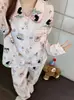 Pijama de otoño para mujer con cuello de muñeco de dibujos animados, manga larga y pantalón largo, lindo conjunto de dos piezas de algodón nube para casa, corte holgado