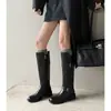 Botas de Caballero Color Café Piel de Vaca Completa Hebilla Doble Otoño/Invierno 2026 Tacón Bajo Grueso Punta Redonda Piel Genuina Caña Alta Largas para Mujer