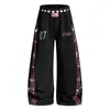 Pantalones de Chándal Retro Americano Estilo Asiático Estampado de Notas Musicales Unisex Corte Limpio Doble Cintura Pierna Ancha Pantalones Casuales de Pareja Modernos