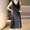 Verano Nuevo Falda Lencera de Satén de Ácido Acético para Mujer Sin Mangas Ropa Interior Falda de Corte A Adelgazante Vestido Negro Largo para Exteriores