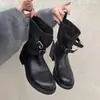 Encuentro de Primera Temporada Hebilla Retro Botas Cortas de Montar Tacón Grueso Botas Vaqueras Western Adelgazantes Redondas Botas Cortas de Motocicleta para Mujer