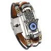 Pulseira de couro com contas artesanais criativas com contas de palma e olho, fecho de fivela de aço inoxidável, pulseira do olho grego