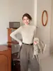 Blusa feminina de lã com gola alta parcial, base layer, novidade outono 2025, manga longa, slim fit, estilosa