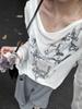 Blusa Camiseta Protector Solar Holgada Estilo Americano para Mujer Verano Chica Caliente Diseño Microtransparente Suelto Blanco Cuello en V Manga Larga