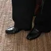 Versión de Cuero Suave de Mocasines Plisados Estilo Británico Retro, Zapatos sin Cordones de Punta Redonda para el Trabajo, Zapatos Negros de Cuero con Tacón Grueso para Mujer
