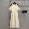 Vestido Elegante Holgado con Hombros Descubiertos Estilo Coreano Verano Talla Grande para Mujer mm Cubre Vientre Dulce Francés Falda Midi
