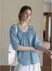 Camisa Azul de Manga Corta con Cuello en V y Cordón Estilo Coreano para Mujer Verano Manga Abullonada Babydoll Top Holgado