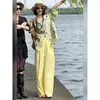Traje de Duas Peças Casual de Verão 2025 Estilo Boêmio para Férias, Camisa Floral com Lapela de Manga Longa e Calça de Cintura Alta para Mulheres