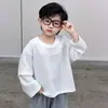 Q051 Camiseta Manga Longa Patchwork Estilo Coreano Infantil Novo Estilo Unissex Gola Redonda Respirável Versátil Camada Base Ombro Caído Top Tendência