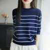 Nueva Colección Primavera Verano 2026 Camiseta de Punto Retro Rayada de Algodón Puro Cuello Redondo Prendas de Punto Versátiles de Algodón Puro Manga Corta para Mujer