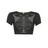 Verão 2025 Novo Estilo de Rua Americano Personalidade Esqueleto Strass Curta Cropped Slim Escura Feminina Pulôver Camiseta