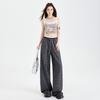 8885 Pantalones de Cuadros con Puntadas de Encaje para Mujer, Novedad Primavera y Verano, Cintura Alta, Informal, Cordón, Pierna Ancha