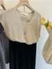Top de punto corto hueco con cuello redondo para mujer, ajuste holgado de verano, diseño adelgazante, cobertura única protectora del sol, estilo fino