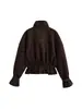 Chaqueta Corta de Motociclista para Mujer, Estilo Retro, Piel Sintética de Ciervo, Encaje Elástico, Cuello Alto, Ceñidor de Cintura, Volantes