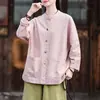 Camisa feminina retrô de rami estilo chinês novo para primavera e outono de 2025, novo cardigã jaqueta de algodão e linho estilo nacional, top solto