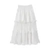 Saia de Bolo Patchwork de Renda Branca para Mulheres, Verão Fina de Cintura Alta Emagrecedora Franzida Vazada Linha A