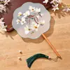 Leque bordado de dupla face, leque infantil de estilo antigo, leque de dança de verão com borlas, leque redondo pequeno bordado para fantasias antigas femininas Hanfu cheongsam