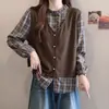 Camisa xadrez patchwork retrô duas peças plus size para mulheres, novo top soltinho de manga longa para o outono de 2026