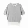 Camiseta de punto para mujer, estilo nuevo de verano, colorblock de Lyocell, cuello redondo, manga corta, elegante, holgada, sencilla, estilo coreano, imitación de dos piezas
