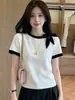 Camiseta de punto de manga corta con bloques de color estilo coreano y lazo para mujer, diseño de verano, top adelgazante y elegante para mujer 13340