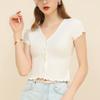 CANVAUS verão novo V-neck manga curta camiseta feminina casual cor sólida orelha de madeira cintura curta top atacado