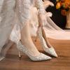 Salto Alto com Pedraria Pérola Francesa 2024 Novo Principal Vestido de Casamento Sapatos de Noiva Temperamento Bico Fino Salto Fino Sapatos de Salto