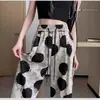 Pantalones Anchos de Seda Helada Estilo Nacional para Mujer, Verano 2026, Pantalones Delgados y con Caída de Lunares, Pantalones Casuales de Algodón Estampados de Pierna Recta Sueltos