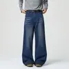 Pantalones casuales de hombre estilo retro americano con pliegues tipo bigote de gato y efecto desgastado, estilo vintage de alta costura, pantalones largos holgados rectos de pierna ancha