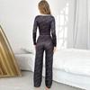 Pijama feminino de venda quente entre países europeus e americanos, sexy, com decote em V profundo, estampado, slim fit, manga comprida, botão, moda, top, calça