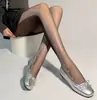 Meia-calça com padrão jacquard para mulheres, fina, modeladora, preta com padrão de listra vertical nas laterais, estilo ins, meias anti-furo