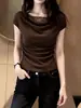 Elegante Camiseta de Manga Corta para Mujer con Adorno de Encaje Fruncido, Nuevo Diseño de Verano, Top Ceñidor y Adelgazante A12027