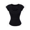 Summer Spice Girl Camiseta Básica de Manga Curta com Decote U Grande, Cor Sólida, Elástica e Justa, Camiseta de Manga Curta, Ajuste Slim, Emagrecimento, Top Curto para Mulheres