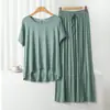 Conjunto de Pijama Casual Duas Peças Feminino de Modal com Gola Redonda e Manga Curta com Calça de Perna Larga Roupas de Casa Tamanho Plus Size Solto