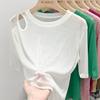 Camiseta de Manga Corta de Seda de Hielo Europea para Mujer, Moderna, Holgada, de Verano, con Cortes, Hombros Descubiertos, Delgada, con Diseño de Nicho