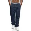 Nova coleção de primavera e outono de calças de trabalho masculinas com bolsos e cintura com cordão, calças casuais versáteis de corte reto, disponíveis em estoque