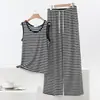 Conjunto de Dos Piezas para Mujer con Pantalones de Pierna Ancha a Rayas Blancas y Negras de Manga Corta de Modal, Ropa Interior de Verano, Conjunto de Camiseta sin Mangas y Camiseta Base Talla Grande