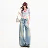 Jeans de pierna ancha para mujer transfronterizos, estilo americano, lavados y desgastados, hasta el suelo, azul vintage, pantalones largos, azul vintage, longitud extendida, Yichun